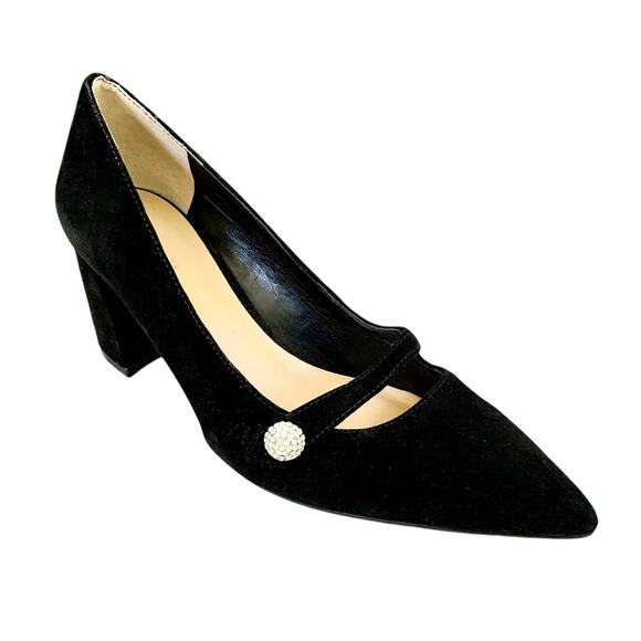 Ann Taylor “Essie” Maryjane Rhinestone Black Suede Block Heel Size 7.5 - Picture 1 of 8
